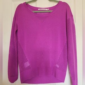 Lorna Jane Magenta Crew Neck Sweater Net Mesh Sleeves & back Open Knit Pointelle